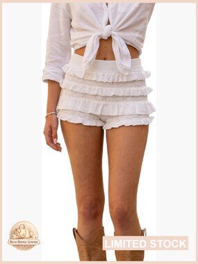 Hollow Knit Shorts Ruffle Layer Pleated Tiered High Waist Summer Festival